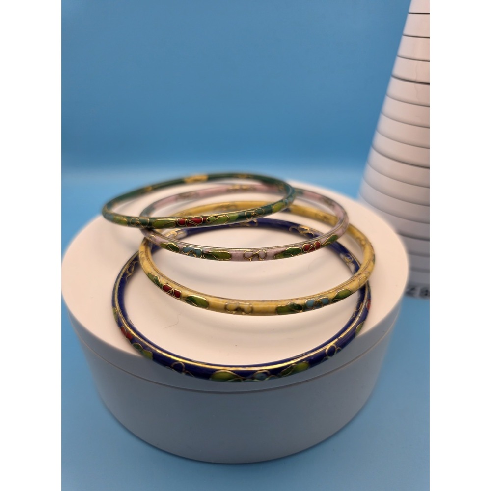 Vintage Cloisonne Bangles Enamel Floral Set of 4 Blue Pnk Grn Ylw 8 1/4" #0224
